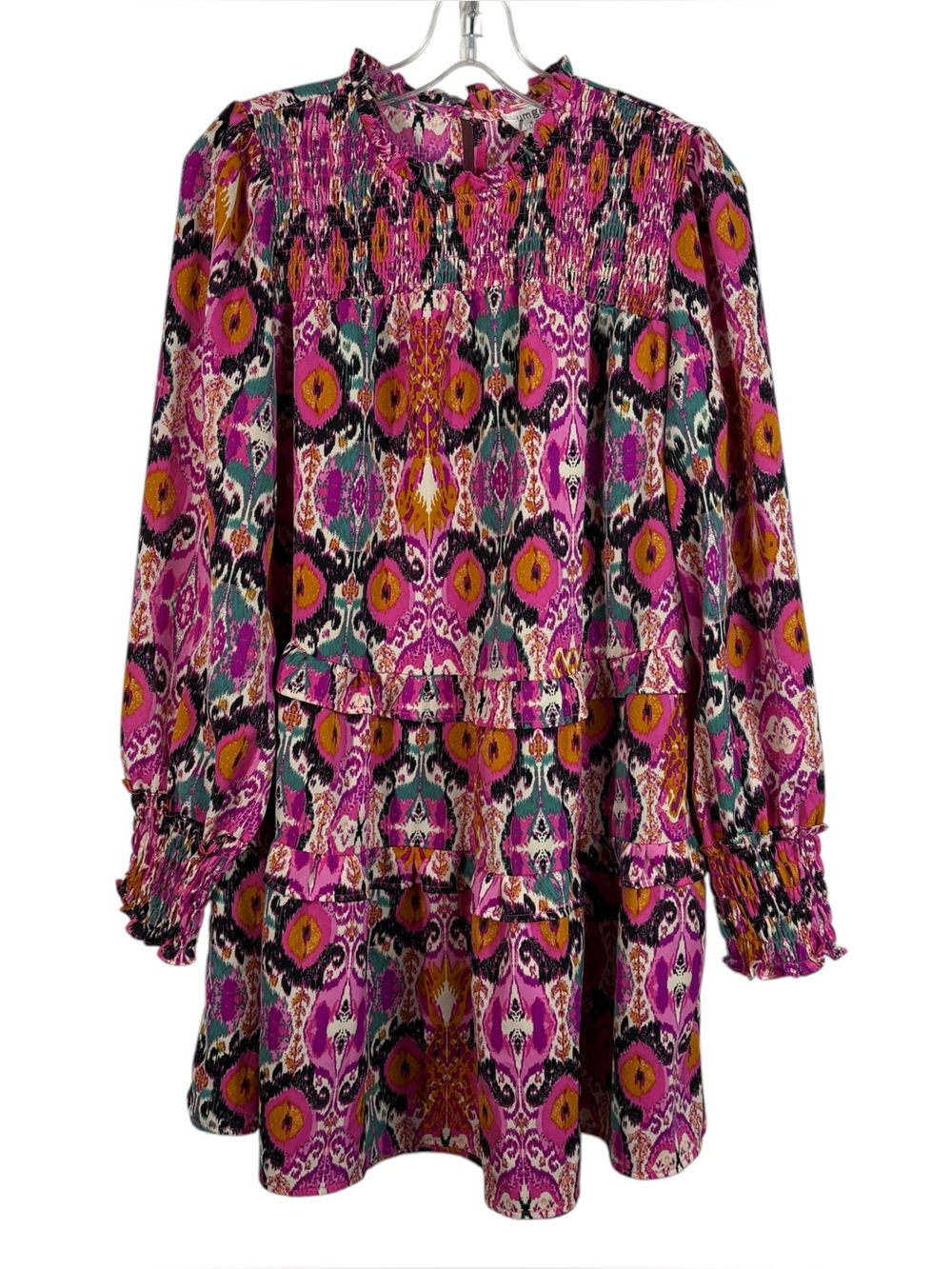 Umgee Boutique Pink Pattern Tiered Skirt Balloon Sleeve High Neck Dress Small S